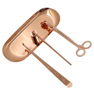 Jiozermi 4 in 1 Candle Accessory Set – Candle Wick Trimmer, Candle Wick Dipper, Candle Wick Snuffer & Storage Tray Plate, Candle Care Kit Gift for Candle & Aromatherapy Lovers – Rose Gold