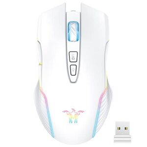 PHNIXGAM Rechargeable Wireless Gaming Mouse, Ergonomic RGB Computer Mouse with 2.4G Receiver, RGB Backlight, Adjustable DPI Up to 3600, 7 Buttons (Not Programmable) for Windows Vista Linux (White)