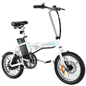 ANCHEER 16 inch Folding Electric Bike for Adults – Single Speed up to 15.5 Mph eBike with Removable Battery Mileage 30 Miles, Dual Disc Braking, 3 Riding Modes