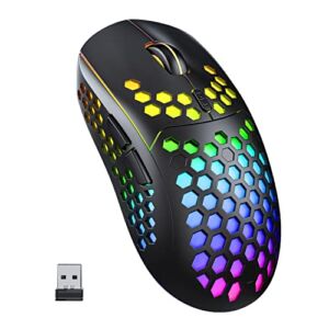 Lightweight Wireless Gaming Mouse, UHURU WM-08 Rechargeable Computer Mouse with Honeycomb Shell, 11 Led Light Modes, 4 Adjustable DPI, 2.4GHz Wireless RGB Mouse, Compatible with Mac, Windows