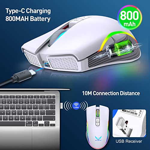 Rechargeable Wireless Gaming Mouse, RGB LED Backlit Mouse with 4 Adjustable DPI, 7 Button, 2.4G USB Optical Gaming Ergonomic Computer Mice for Laptop PC Gamer Computer Desktop (White) | The Storepaperoomates Retail Market - Fast Affordable Shopping