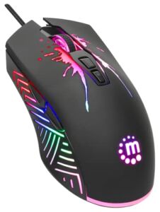 Manhattan RGB Gaming Mouse – 7200 DPI Ergonomic Gamer Optical Mouse with Light Up LED -for Windows PC and Laptop Computer – Long 5 ft Braided USB Wired Cable – Black – 3 Yr Mfg Warranty – 190121