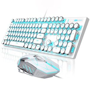 Retro Typewriter Keyboard and Mouse Combo, Cute White Keyboard with Linear Red Switches, Full Size Wired Mechanical Gaming Keyboard, Cool Light Up Keyboard and Mouse for Gaming,Work,Mac,PC,Windows