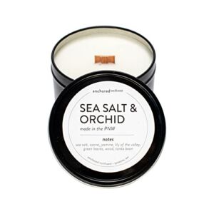 Anchored Northwest – Sea Salt & Orchid Travel Tin Candle, 6oz Black Metal Tin, American Cedar Wood Wick, Hand Poured, Essential Oil Blend 100% Soy Wax, 35+ Hour Burn