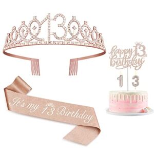 13th Birthday Decorations for Girls, Including 13th Birthday Sash, Crown/Tiara, Candles and Cake Toppers, Rose Gold Teen Girl Gifts for 13 Year Old Birthday Decorations