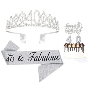 40th Birthday Gifts for Women – 40 & Fabulous Birthday Sash Silver Crystal Tiara Crown with Happy 40th Birthday Cake Topper and Candles for Women 40th Birthday Party Supplies