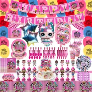 LOL Birthday Party Decorations for Girls, Dolls Theme Party Supplies Include Banner, Cake Topper, Tableware, Swirls, Invitation Card, Stickers, Balloons, Party Favor for Kids Adults