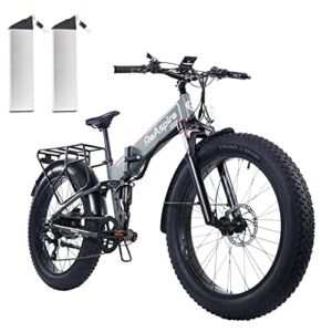 ReAspire Dual Battery Folding Electric Bike Adult Ebike 48V 14Ahx2 Lithium Battery 750W 26 inch Fat Tire E Bikes Foldable 25MPH Mountain Snow Beach Electric Bicycle Dual Shock Shimano 8 Speed