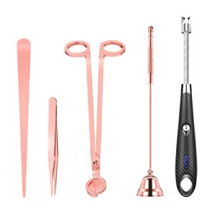 5 in 1 Candle Accessory Set,Candle Wick Trimmer Cutter Set,Candle Wick Dipper,Candle Wick Snuffer,Rechargeable Candle Lighter,Tweezers,Stainless Steel Candle Care Kit Gift for Aromatherapy(Rose Gold)…