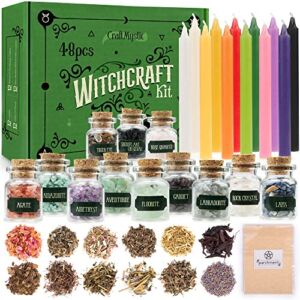 Witchcraft Supplies Kit for Witch Spells – Beginner Witch Starter Kit Crystals Jars Dried Herbs and Colored Candles for Witches Pagan Altar Decor – Wiccan Supplies and Tools Box Witchy Gifts Stuff
