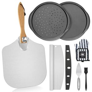 7PCS Foldable Pizza Peel Pizza Pan Set,12″ x 14″ Aluminum Metal Pizza Paddle with Wooden Handle, Rocker Cutter, Server Set, Baking Oven Mitts, Oil Brushes, Homemade Pizza Oven Accessories