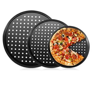 Baking Steel Pizza Pan with Holes, Round Pizza Pan for Oven, 9 Inch, 11 Inch, 12 Inch Bakeware Pizza Tray, mobzio Nonstick Baking Supplies Home Restaurant Kitchen Steel Crisper Pizza Pan Set (3 Pcs)