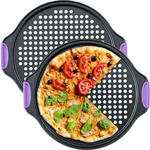 Amazing Abby – Chef Stacy – 2-Pack 13-Inch Non-Stick Pizza Pan with Holes, Perforated Pizza Crisper with Heat-Resistant Silicone Handle Grips, Oven-Safe Bakeware, Carbon Steel Baking Pan for Oven