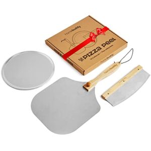HomeBuddy Pizza Peel with Pizza Accessories – 12 Inch Foldable Pizza Paddle for Pizza Oven Outdoor or Indoor – Comes with Pizza Knife and Pizza Board/Pan