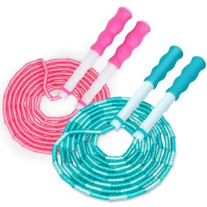 YongnKids Jump Rope for Kids Women Adults – 2 Pack Adjustable Lenght Colorful Soft Beaded Skipping Rope for Boys Girls Fitness, Keeping Fit,Training, Workout, Weight Loss – Pink+Blue