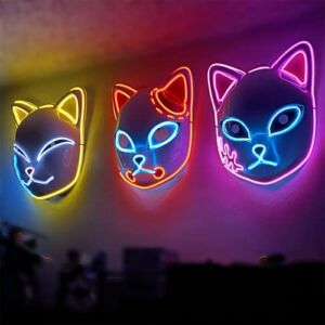 3Pcs Demon LED Mask Slayers Costume Props Japanese Anime Plastic Fox Face Cosplay Glowing Masks for Adult Masquerade Party