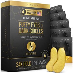 24K Gold Eye Mask– 15 Pairs – Puffy Eyes and Dark Circles Treatments – Look Less Tired and Reduce Wrinkles and Fine Lines Undereye, Revitalize and Refresh Your Skin – CrueltyFree and Vegan