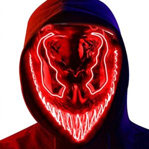 Halloween Mask Scary Led Light Up Mask with 4 Lighting Mode EL Wire – Halloween Masquerade Costume Face Mask Venom Mask for Festival Cosplay Costume Parties Carnival for Adults Men Women (Red)