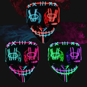 [3 PACK]Halloween Scary Mask LED Mask Purge Mask, Halloween LED Light Up Mask for Kids Men Women Masquerade Carnival Cosplay Costume