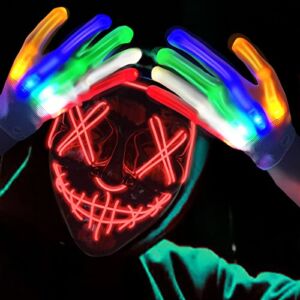 Halloween Scary Mask with Gloves Kit Cosplay, Costume Mask EL Wire Light Up Mask for Halloween Costume Festival Cosplay,Music Festival Parties (Red)
