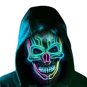 ILEBYGO LED Halloween Mask Light Up Scary Mask Purge Mask with EL Wire 3 Flashing-Modes for Halloween Festival, Party, Cos Play (5 Colors)