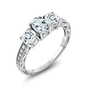 Gem Stone King 10K White Gold Sky Blue Aquamarine and Lab Grown Diamond 3 Stone Women’s Engagement Ring (1.79 Cttw) (Size 8)