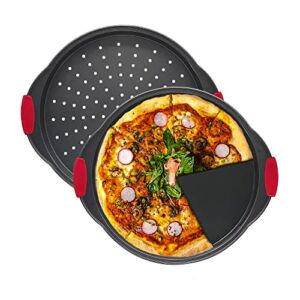 VDGPWA 12 Inch Non-Stick Pizza Tray – With Silicone Handle，Carbon Steel Without Hole and With Hole Pizza Tray.Round Pizza Bakeware Crisper Pan for Home Baking, Kitchen, Restaurant Oven.（2 Pack）
