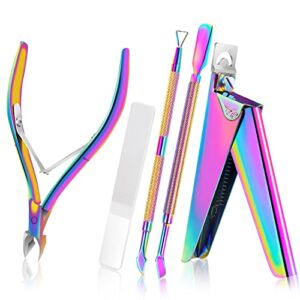 Acrylic Nail Clippers 5 in 1 Kit with Glass Nail File, Cuticle Trimmer Nipper and Cuticle Pusher Nail Gel Polish Remover, Stainless Steel Professional Manicure Pedicure Tools for Finger Toe Nails