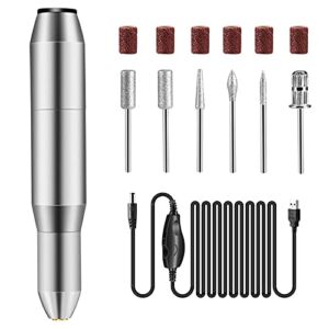 Nail Drill Set,DELIFO Electric Portable Nail File Drills Kit with 6 Heads & 6 Sanding Bands, Professional Manicure Pedicure Machine Tools for Acrylic Nails, Polishing Shape, USB Rechargeable（Normal）