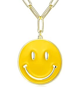 Smiley Face Paperclip Necklaces, Gold Plated Stainless Steel Chain Emoji Simple Cute Round Smile Necklace Preppy Jewelry Accessories for Women Girls Teen (Yellow)