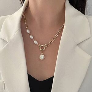 Wiwpar Fashion Alloy Chain Choker Necklace Paperclip Choker Chain Necklace Pearl Pendant Necklace Gold for Women and Girls