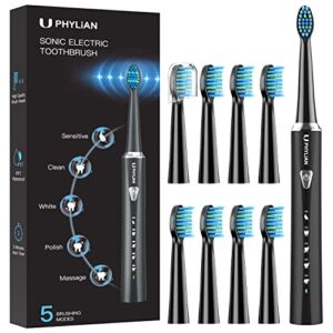 PHYLIAN Sonic Electric Toothbrush for Adults and Kids – High Power Rechargeable Toothbrushes H7 with 8 Brush Heads, 5 Modes, 3 Hours Fast Charge for 120 Days, Smart Timer Black
