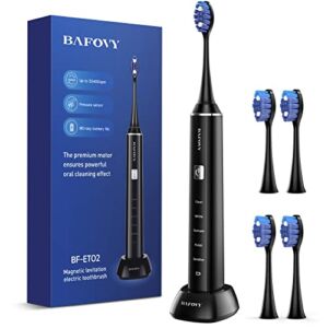 BAFOVY Sonic Electric Toothbrush with Smart Pressure Sensor, 50400 VPM Rechargeable Electronic Toothbrush for Adults, One Charge for 180 Days, 5 Modes, 4 Brush Heads, 2 Mins Timer (Black)