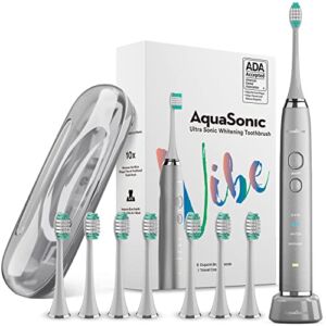 Aquasonic Vibe Series Ultra Whitening Toothbrush – ADA Accepted Electric Toothbrush – 8 Brush Heads & Travel Case – Ultra Sonic Motor & Wireless Charging – 4 Modes w Smart Timer – Charcoal Metallic
