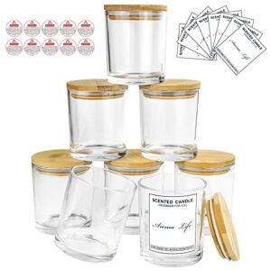 10oz, 8 Pack Thickened Glass Candle Jars with Bamboo Lids, Candle Containers, Candle Vessels for Hand Candle Making DIY Craft (Clear)
