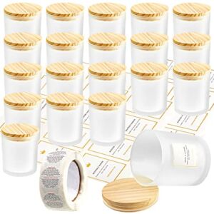 20 Pcs 10 oz Frosted Candle Containers Candle Glass Jars Empty Candle Jars Thickened Candle Vessels with Bamboo Lids 24 Sticky Labels and a Roll of Warning Stickers for Candle Soy Wax Making DIY Craft