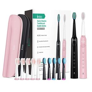 Initio Sonic Electric Toothbrush for Adults Duo Dual Handle 5 Modes with Smart Timer 10 Brush Heads & 2 Travel Cases Included Rechargeable Toothbrush Oral Care Whitening Toothbrush (Black+Pink)