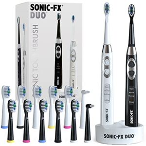 Sonic-FX Duo Dual Handle Rechargeable Electric Toothbrush Set for Adults and Kids – 3 Modes, Smart Auto-Timer – with Charging Dock Brush Holder and 14 Brush Heads – Black and White