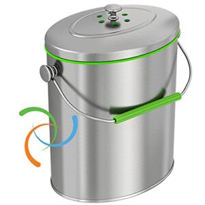 iTouchless Stainless Steel Compost Bin 1.6 Gallon Includes AbsorbX Odor Filter System, Pest-Proof, Titanium Rust-Free Space-efficient Slim Oval Shape 6 Liter Kitchen Countertop Trash Can