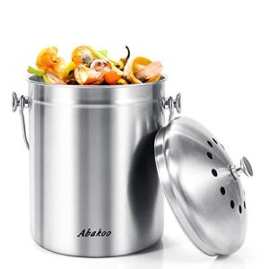 Abakoo Stainless Steel Compost Bin – 1.3 Gallon Premium Grade 304 Stainless Steel Kitchen Composter – Includes 4 Charcoal Filter, Indoor Countertop Kitchen Recycling Bin Pail