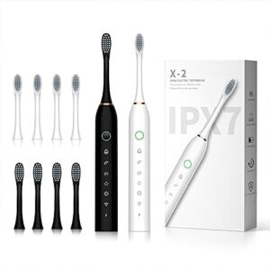 SUNPRO 2 Pack Sonic Electric Toothbrush with 2 Minute Built-in Timer, 6 Modes, 42000vpm and 8 Brush Heads (Black+White)