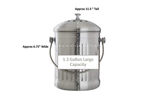 Gardenatomy Kitchen Compost Pail Bin for Countertop – Large Decorative Copper Stainless Steel 1.3 Gallon Food Scrap Bucket for Indoor – Includes 1 Year Supply Filters and Bags (Stainless Steel) | The Storepaperoomates Retail Market - Fast Affordable Shopping