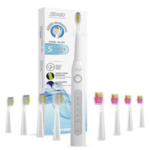 SEAGO Electric Toothbrush for Adults, Ultrasonic Toothbrushes with 8 Brush Heads, Rechargeable Electronic Toothbrush, White, SG-507