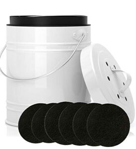 Oversized 1.3 Gallon Kitchen Compost Bin with EZ-No Lock Lid, Plastic Liner & with BONUS 6 Charcoal Filters In White & Black