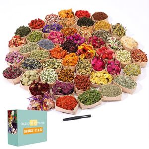 SACATR Dried Flowers, 50 Bags 100% Natural Dried Herbs Kit for Soap Making, Candle, Resin Jewelry Making, Bath, Nail – Include Rose Petals, Rosebuds, Lilium, Jasmine, Don’t Forget Me and More