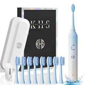 KHS Sonic Electric Toothbrush for Adults 5 Modes 8 Replacement Heads Rechargeable Power Toothbrush IPX7 Waterproof 2 Min Timer Oral Care Toothbrush with Travel Case(Light Blue)