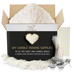 CraftBud Soy Candle Wax for Candle Making, Natural Soy Wax for Candle Making 10 lb Bag with Supplies, 100 Cotton Candle Wicks, 100 Wick Stickers, 2 Centering Devices – 10 Pounds Soy Wax Flakes