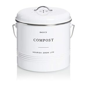 D’Lifeful Farmhouse Compost Bin for Kitchen Indoor – 1.3 Gallon Carbon Steel Countertop Compost Bin – Sealed with Airtight Lid – Compost Pail or Compost Bucket with 6 Charcoal Filters – Stylish, White