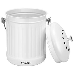 VIVOSUN Indoor Compost Bin, 1.3 Gallon Stainless Steel Compost Bucket with Lid for Kitchen Food Waste – Includes 2 Charcoal Filter, White