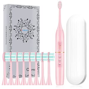 kingheroes Sonic Electric Toothbrush with 8 Brush Heads & Travel Case，4 Modes, One Charge for 60 Days, 42000 VPM Motor，Pink Electric Toothbrush Set